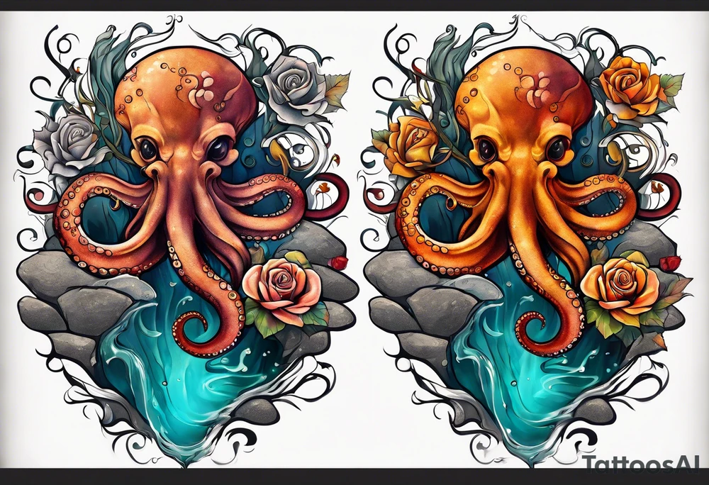 masculine abstract left thigh tattoo with a large long flowing octopus in water swirls wrapping around rocks, a rose, in fall colors with some small leaves and fall elements tattoo idea