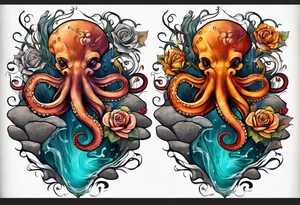 masculine abstract left thigh tattoo with a large long flowing octopus in water swirls wrapping around rocks, a rose, in fall colors with some small leaves and fall elements tattoo idea