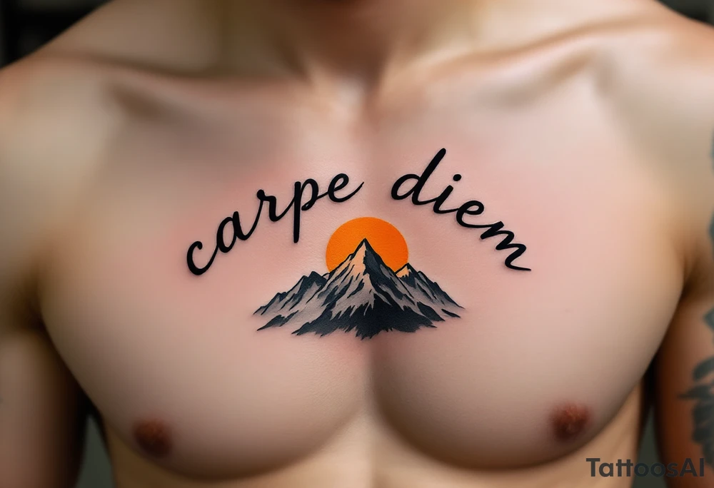 An arched black minimalist font "carpe diem" over a gray mountain range and golden sun. tattoo idea