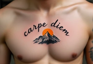 An arched black minimalist font "carpe diem" over a gray mountain range and golden sun. tattoo idea