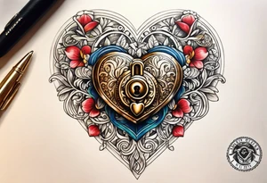 vintage heart lock and ket tattoo idea