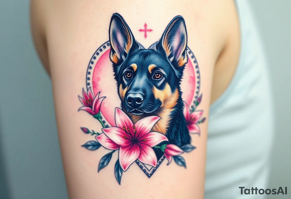 elegant looking german shepherd dog with pink lily flowers in front of sacred heart tattoo idea