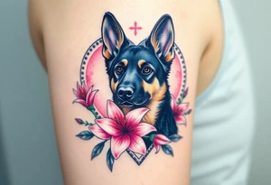 elegant looking german shepherd dog with pink lily flowers in front of sacred heart tattoo idea