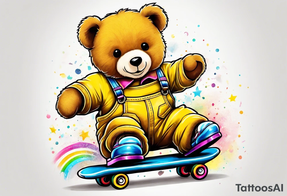 A rollerskating teddy bear in yellow overalls and rainbow skates tattoo idea