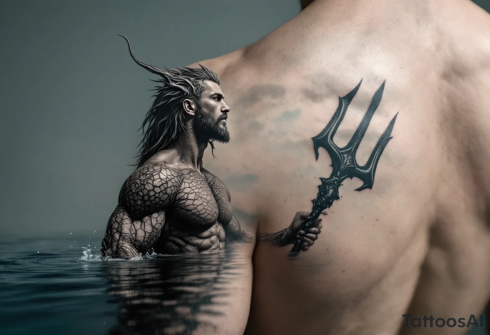 fit young poseidon, with trident, in calm water, looking at the sky tattoo idea