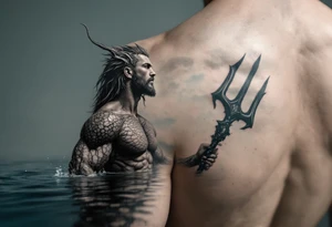 fit young poseidon, with trident, in calm water, looking at the sky tattoo idea