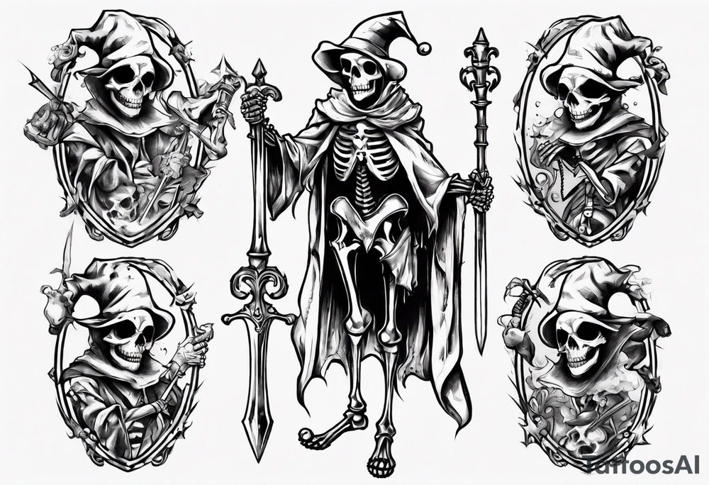 Skeleton court Jester clothed with sword tattoo idea