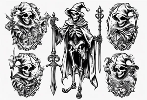 Skeleton court Jester clothed with sword tattoo idea