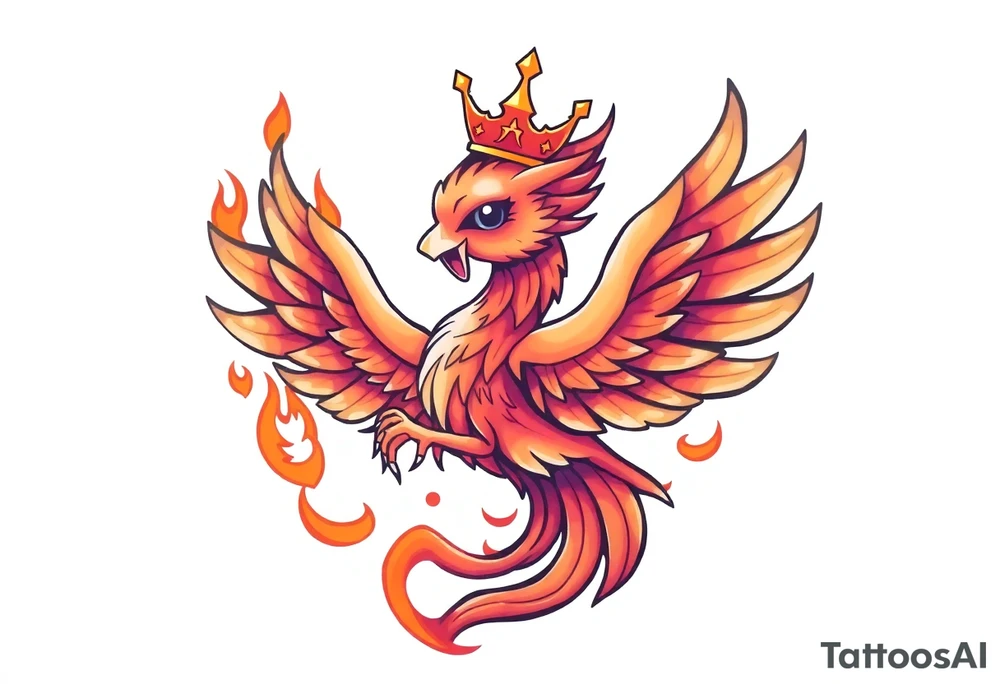 cute cartoon Phoenix with crown, engulfed by flames tattoo idea