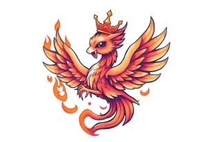 cute cartoon Phoenix with crown, engulfed by flames tattoo idea
