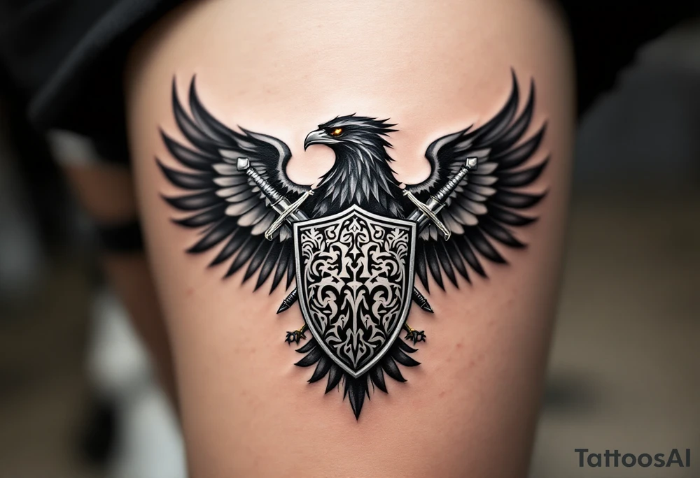 Silesian Eagle with a Shield and Swords – A fierce black eagle clutching a silver shield with traditional Silesian patterns, crossed by two ornate medieval swords. The eagle’s eyes glow in deep amber, symbolizing vigilance and protection. tattoo idea