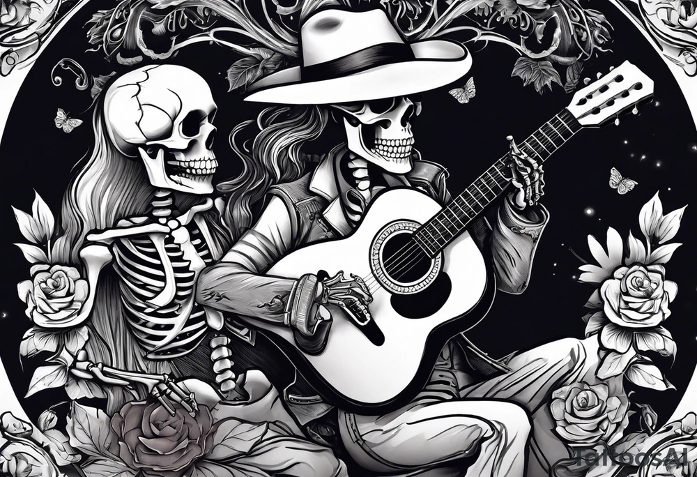 a bar scene with Western female and male skeletons. The female skeleton has hibiscus flowers for eyes, and the male skeleton plays the guitar. tattoo idea