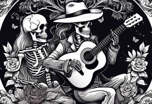 a bar scene with Western female and male skeletons. The female skeleton has hibiscus flowers for eyes, and the male skeleton plays the guitar. tattoo idea