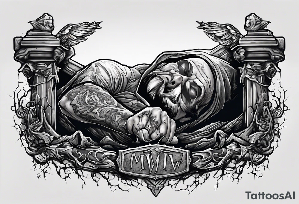 Man crawling out of grave. 
MIW Reincarnate written on gravestone tattoo idea