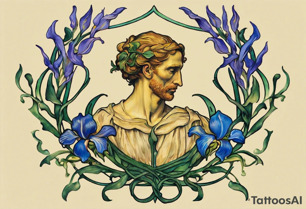 Create a colorful Vincent van Gogh Irises tattoo with Athena's shield and spear. The tattoo should take the form of a crescent, with vines gracefully intertwining at a central point in the middle of the wreath.  The intended placement is on the upper chest. The overall design should be small in size while maintaining a delicate and artistic aesthetic. Pay attention to the graceful flow of the vines and the placement of the irises to achieve a refined and elegant look. tattoo idea