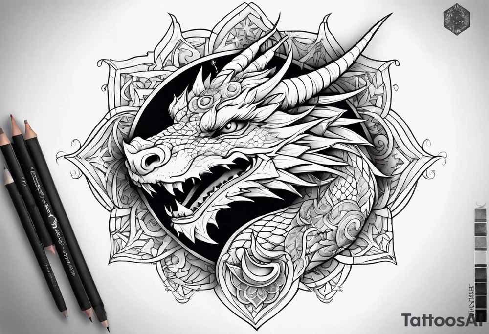 dragon cute , celestial, cross, snowflake tattoo idea