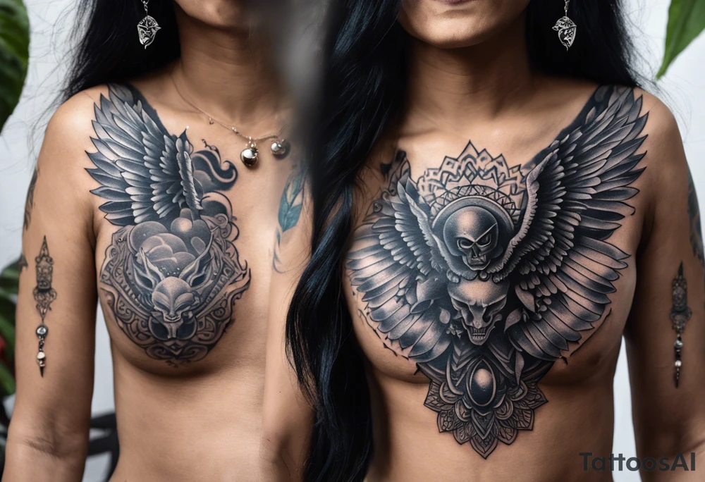 black kali, goddess pirate, alien, angel, pachamama, valkrye, warrior, flying, skull, lotus azul, wing, eagle, zenza resonance, stars, 5D, anahata chakra, death, durga, riding on a tiger, flying lady, kundalini, chest tatoo, rebel tattoo idea