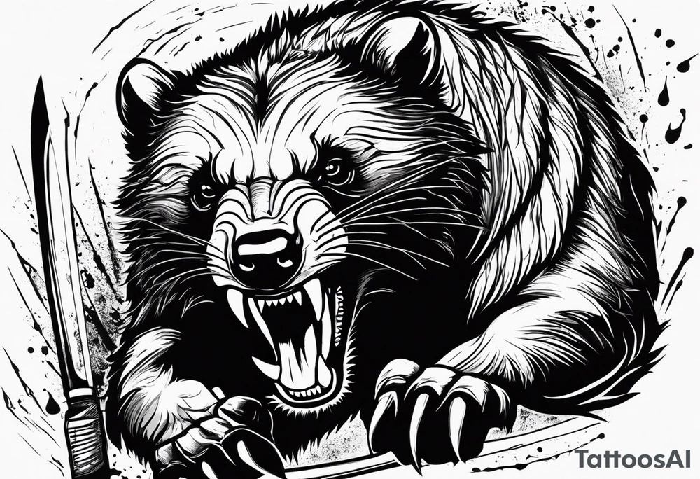 Draw me psychopath Fearless Honey Badger/Berserker with aggressive full body, killer face with a scary smile, very long nails and he attacks like a Bloody Assassin/Warrior/Gladiator to us and also, he has very deadly looking. He fights with his nails only. Everybody scares after their first sight. Give me horror type Badger Tattoo. I want to see his Realistic full body with no weapons. You can show destruction at the back. tattoo idea
