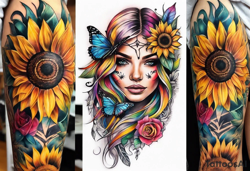 Leg sleeve with dreamcatcher, rainbow sunflowers and one butterfly tattoo idea