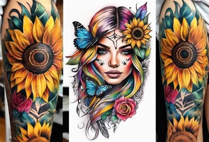 Leg sleeve with dreamcatcher, rainbow sunflowers and one butterfly tattoo idea