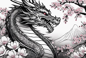 dragon with  cherry blossoms  and soot sprites tattoo idea