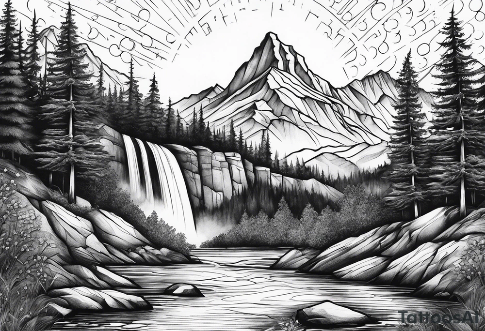 mountains, nature, stars, cross, waterfall, water tattoo idea