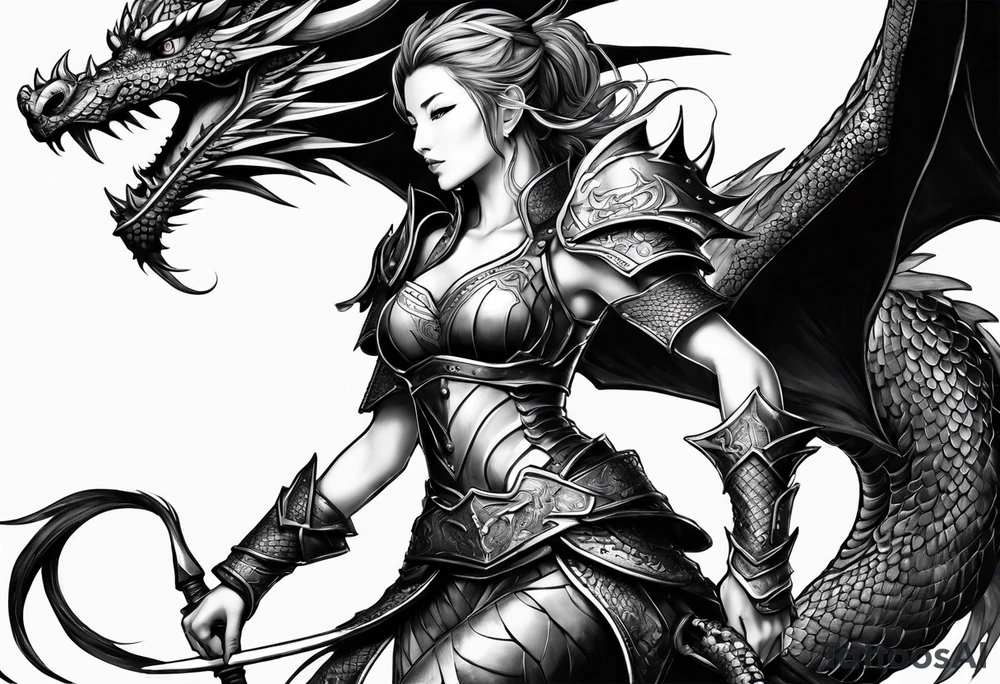 beautiful warrior woman wearing dragon armor and a dragon flying tattoo idea