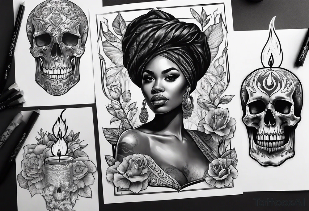 black women portrait with skull and burning candle tattoo tattoo idea