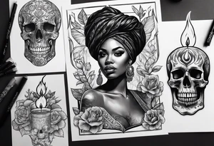 black women portrait with skull and burning candle tattoo tattoo idea