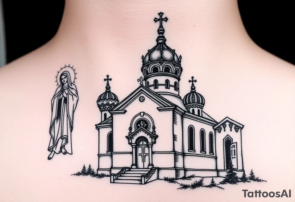 Russian orthodox church with bulb domes with a prominent russian orthodox style virgin mary stood outside to the left tattoo idea