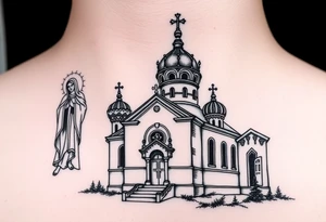 Russian orthodox church with bulb domes with a prominent russian orthodox style virgin mary stood outside to the left tattoo idea