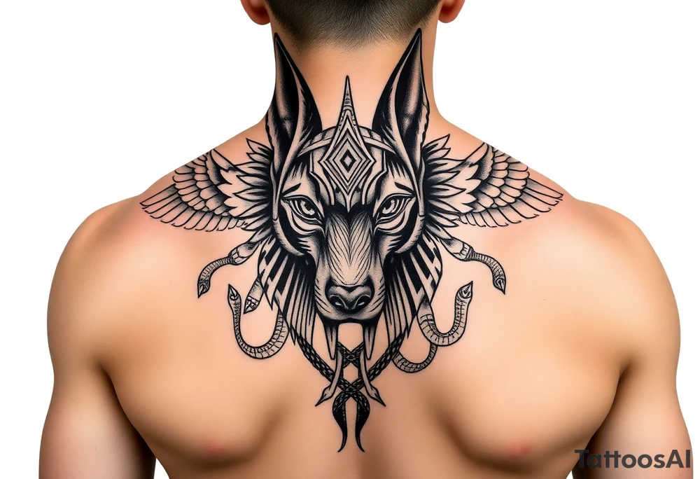 Egyptian Anubis god face muscle in Egypt style dog face surrounded Egyptian symbols and snakes full back tattoo idea