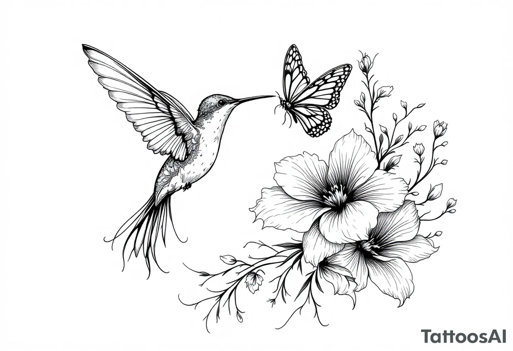 Humming Bird, flower and butterfly tattoo idea