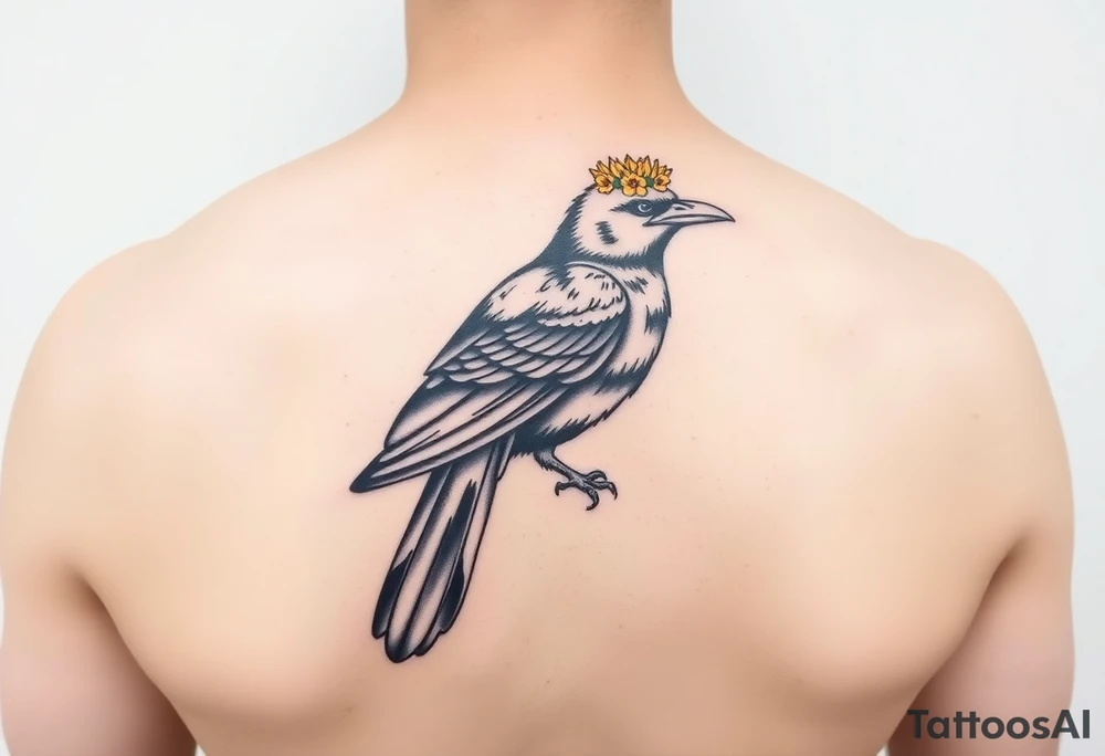 Crow with yellow flower crown and brown wing tattoo idea