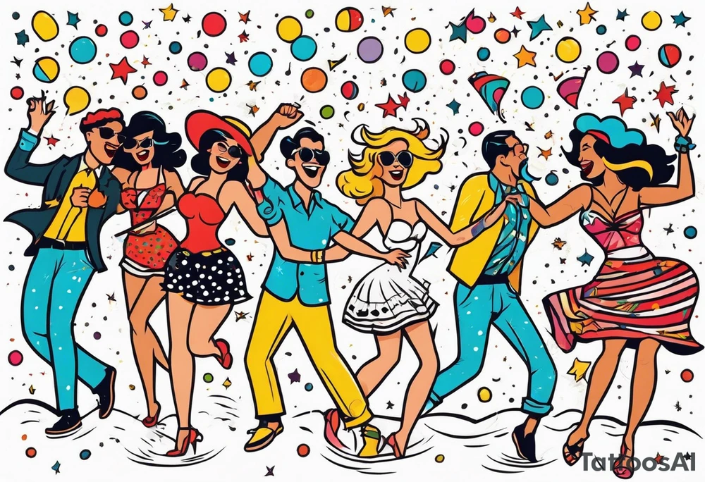 vintage beach dance party with music and confetti tattoo idea