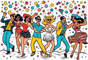 vintage beach dance party with music and confetti tattoo idea