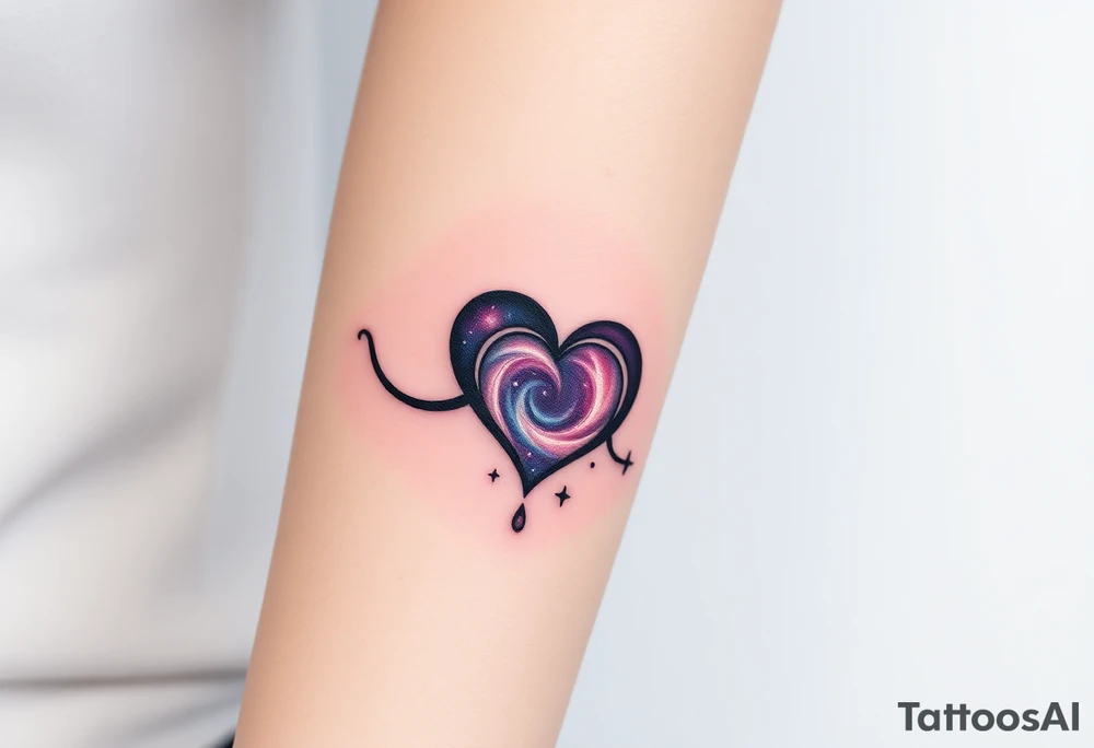 One fully depicted infinity symbol and heart made of swirling galaxy patterns at its end tattoo idea