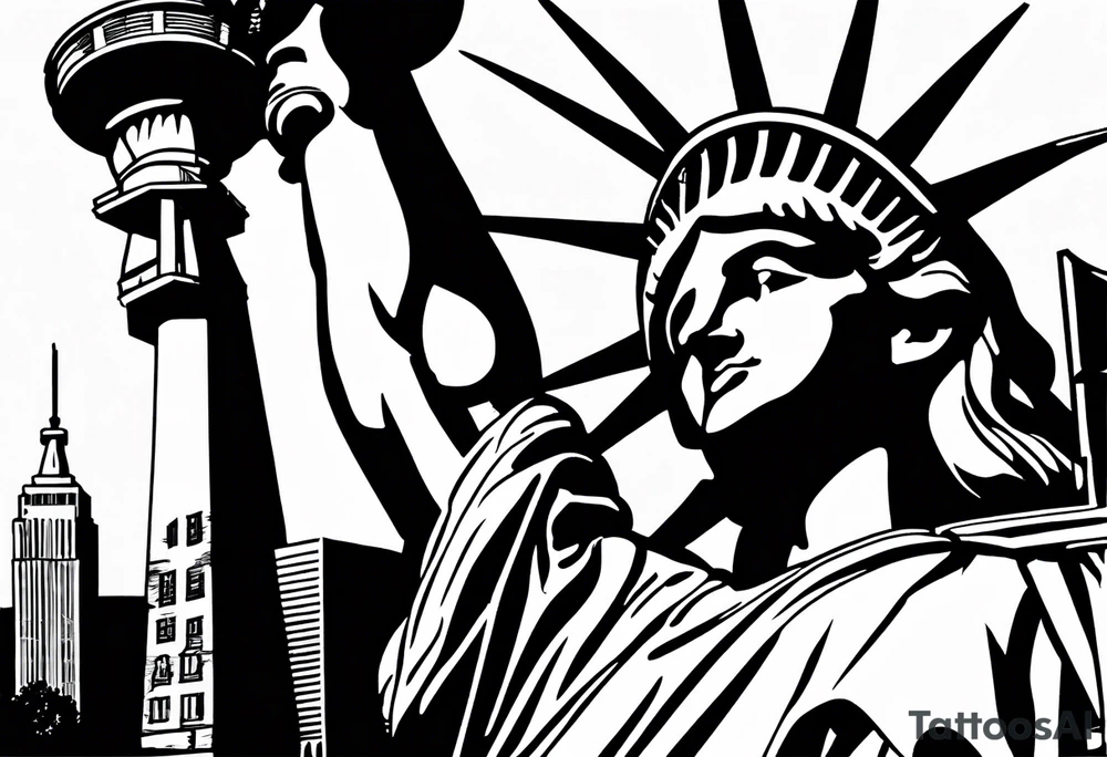 Left sleeve tattoo for a man who was in the Coast Guard on September 11, 2001 Statue of Liberty Milton Hershey school, Pennsylvania, two daughters tattoo idea