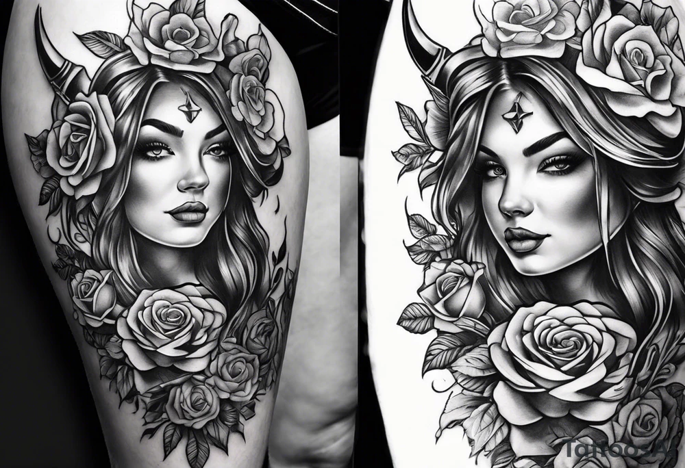Tattoo thigh peice with Roses and flowers With nursing and hunting and cows and bulls and fishing and love and church. tattoo idea