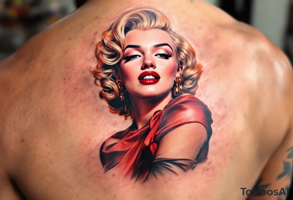 1950s movie poster-style tattoo with Marilyn in vibrant red dress and golden curls. tattoo idea