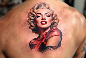 1950s movie poster-style tattoo with Marilyn in vibrant red dress and golden curls. tattoo idea