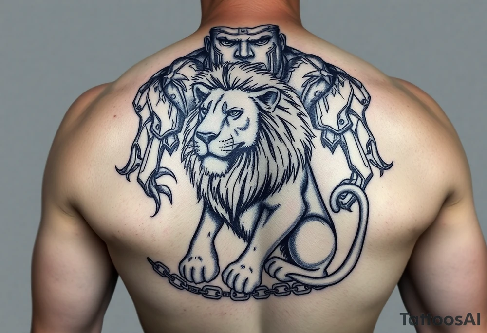 powerful majestic lion on a chain sitting under a giant of a person tattoo idea