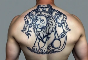 powerful majestic lion on a chain sitting under a giant of a person tattoo idea