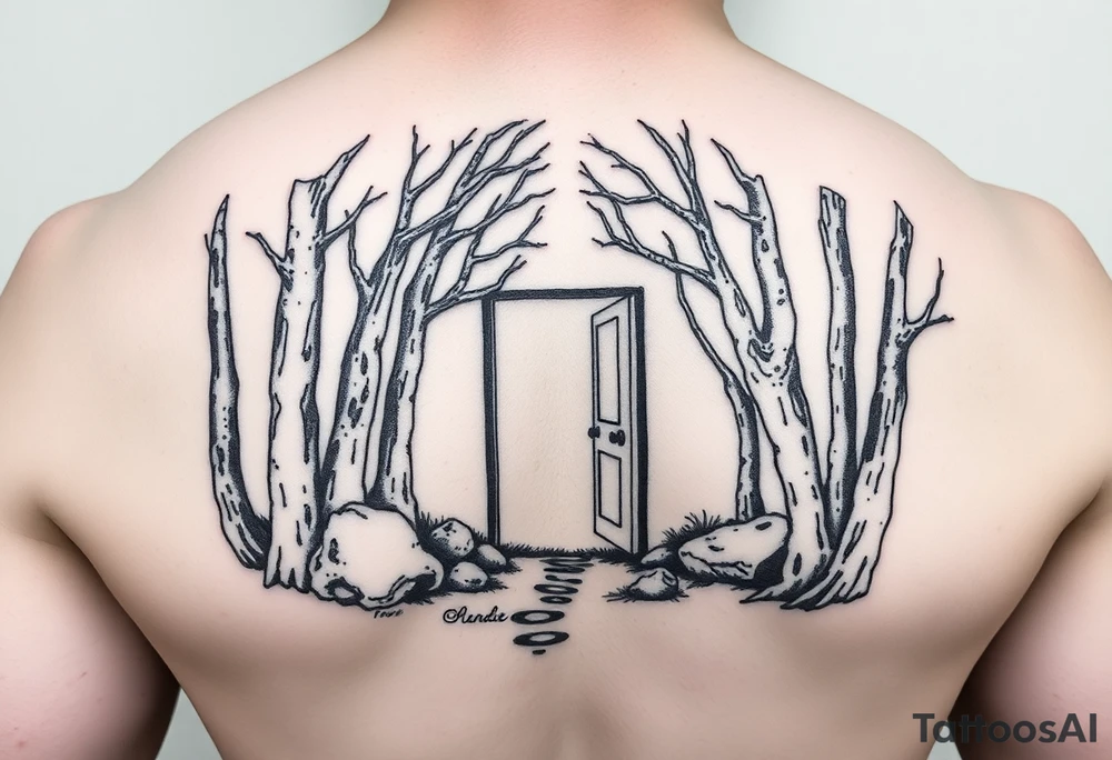 A wooded area with a doorway that is slightly ajar, leading to space tattoo idea