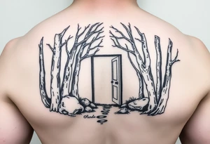 A wooded area with a doorway that is slightly ajar, leading to space tattoo idea