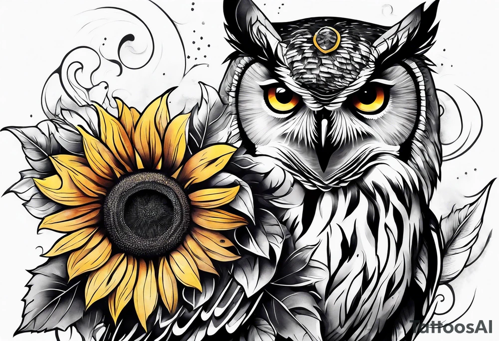 Owl and sunflower sleeve tattoo idea