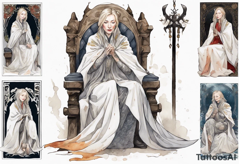 medieval Cate Blanchett dressed in white cloak, sitting on a throne, grieving tattoo idea