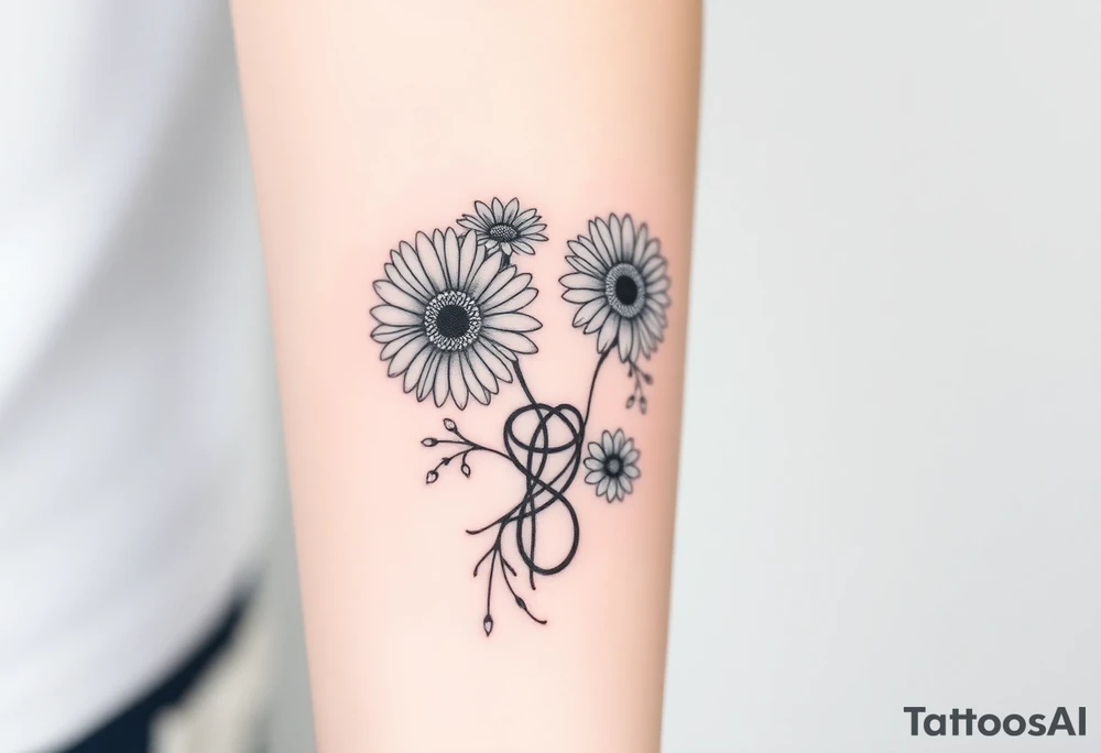 Fine line flower tattoo with 3 gerbera daisies other flowers and infinity symbol worked in as part of the design tattoo idea