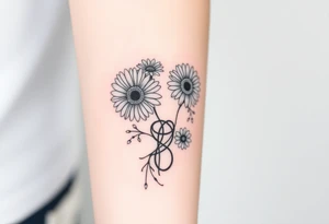 Fine line flower tattoo with 3 gerbera daisies other flowers and infinity symbol worked in as part of the design tattoo idea