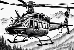 a bell 407 helicopter with the name "T. Sousa" on it, with multiple other helicopters below it, over a wildfire, with the pilot wearing night vision goggles. tattoo idea